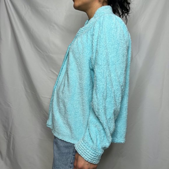 Vintage 1970s chenille bed jacket robe medium blue button down robe top romantic - Picture 5 of 9